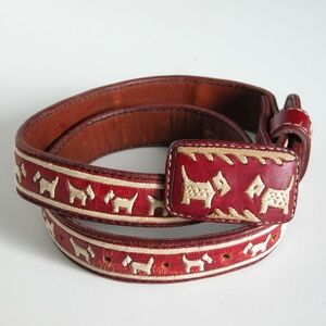 Vtg 70s Red Leather Hippie Belt Embroidered Scottie Dog Terrier Belt S-M Western